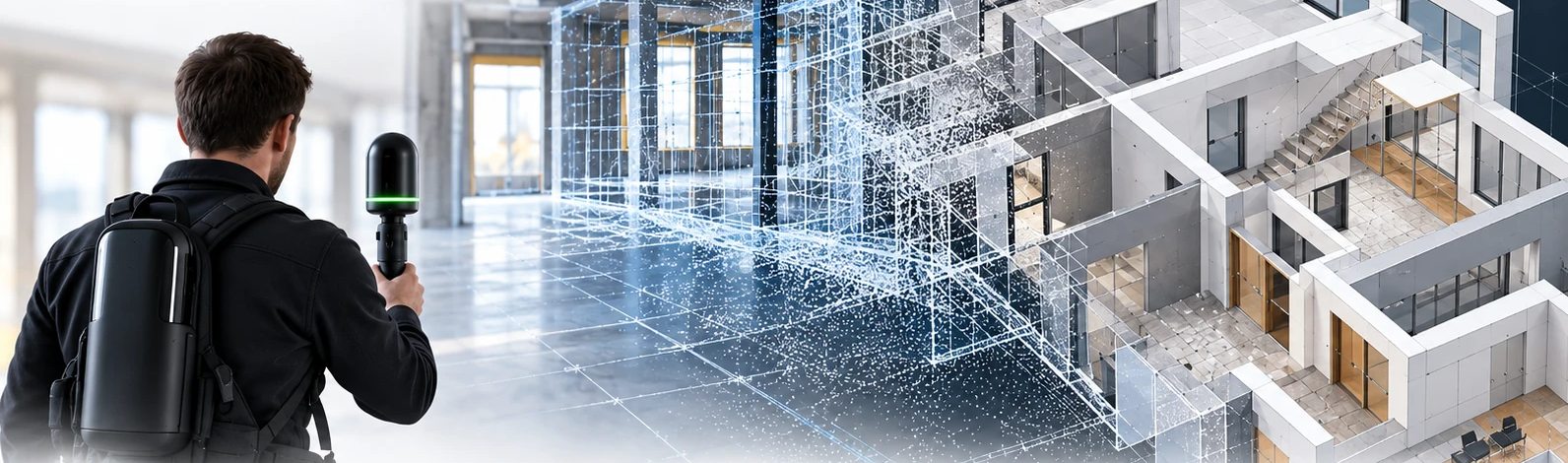 Mobiler Laserscan im Rohbau: aus der Punktwolke entsteht ein digitales 3D-Modell des Gebäudes